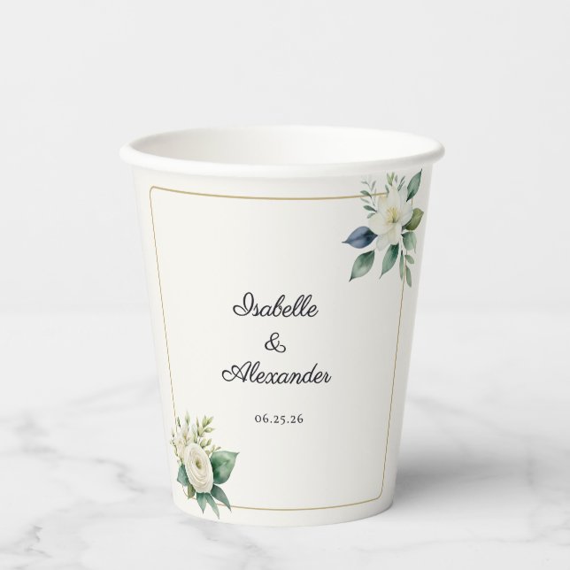 Weiße Blumen & Grünpersonalierte Hochzeit Pappbecher (Vorderseite)