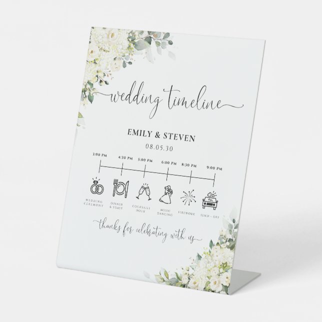 Weiße Blumen Hochzeit Zeitplan Schild (Vorderseite)