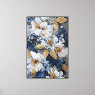 Weiße Blumen mit Gold- und Blaublättern – Abstrakt Leinwanddruck
