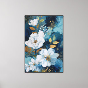 Weiße Blumen mit Gold und Grün auf Blau Leinwanddruck