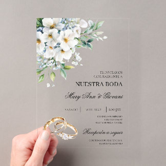 Weiße Blumen mit goldenem Ring Spanische Hochzeit Acryleinladungen
