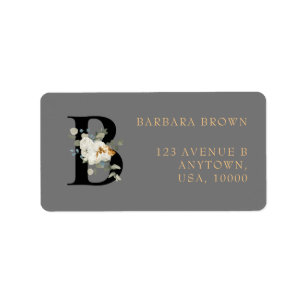 Weiße Blumen mit goldenen Akzenten Monogramm B Adressaufkleber