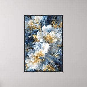 Weiße Blumen mit goldenen Zentren auf Blau – Abstr Leinwanddruck