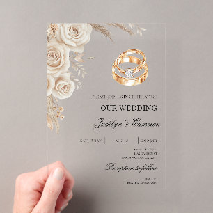Weiße Blumen mit Ring Hochzeit Acryleinladungen