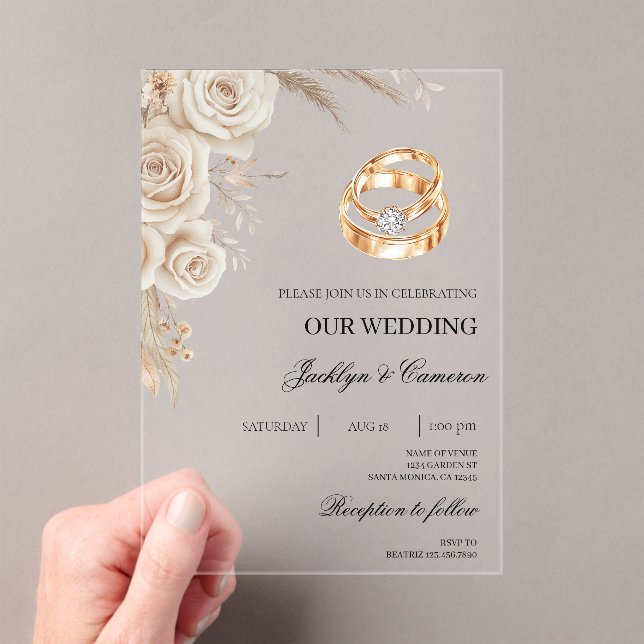 Weiße Blumen mit Ring Hochzeit Acryleinladungen (Insitu (Handheld))