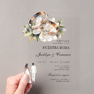 Weiße Blumen mit Ring Spanische Hochzeit Acryleinladungen