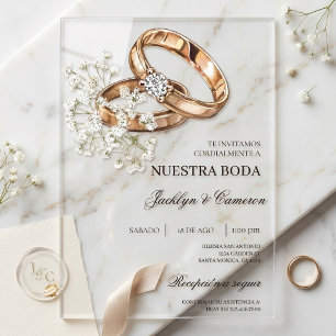 Weiße Blumen mit Ring Spanische Hochzeit Acryleinladungen