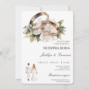 Weiße Blumen mit Ring Spanische Hochzeit Einladung