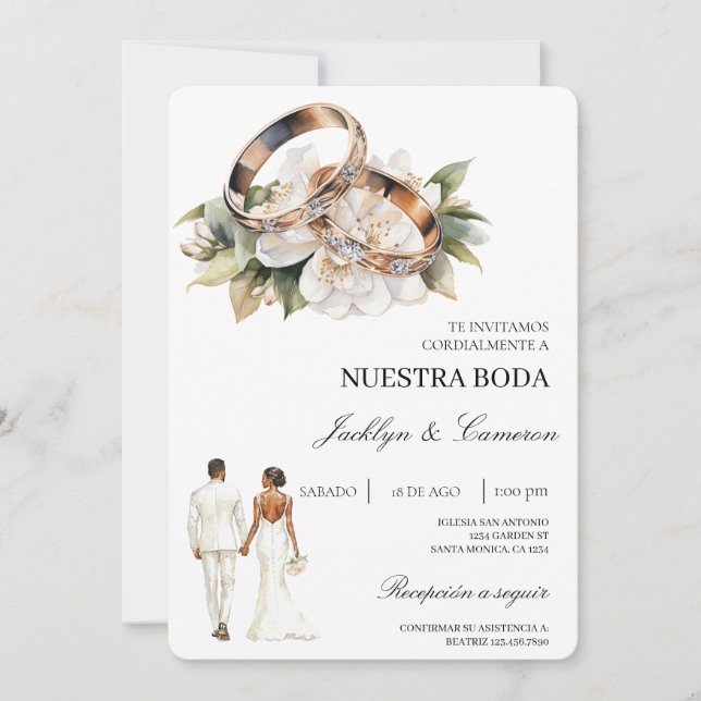 Weiße Blumen mit Ring Spanische Hochzeit Einladung (Vorderseite)