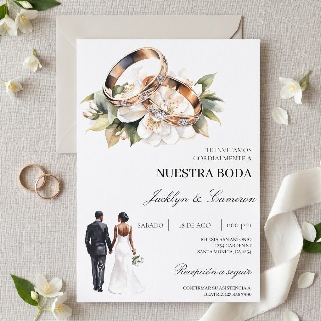 Weiße Blumen mit Ring Spanische Hochzeit Einladung (Von Creator hochgeladen)