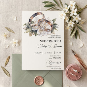 Weiße Blumen mit Ring Spanische Hochzeit Einladung
