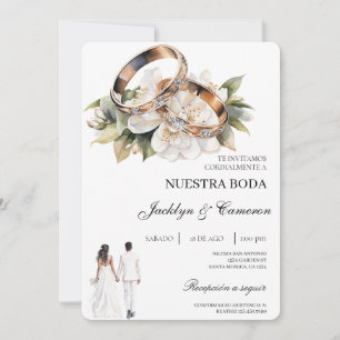 Weiße Blumen mit Ring Spanische Hochzeit Einladung