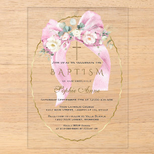 Weiße Blumen rosa Schleife Mädchen Taufe Transpare Acryleinladungen
