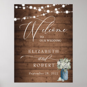 Weiße Blumen Rustikale Elegante Lichter Holzhochze Poster