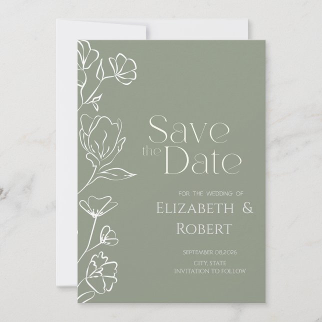 Weiße Blumen Salbeigrün Save The Date Karte (Vorderseite)