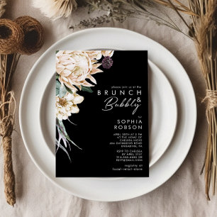 Weiße Blumen Schwarze Brunch und Sekt Einladung