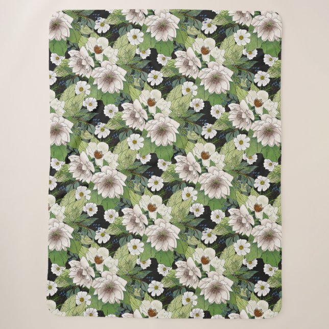 Weiße Blumen Sherpa-Decke Sherpadecke (Vorderseite)