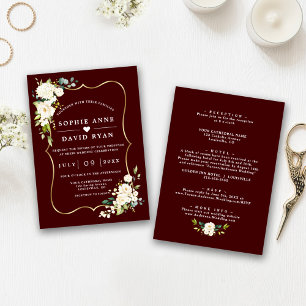 Weiße Blumen, tiefes Burgund, alles in einer Hochz Einladung