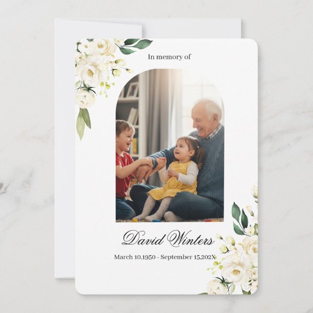 Weiße Blumen-Todesanzeigen-Einladung  Dankeskarte (Vorderseite)