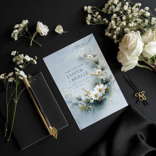 Weiße Blumen und blauer Kiefern-Gold-Kranz-Hochzei Einladung