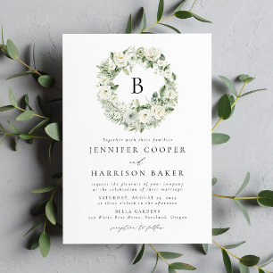 Weiße Blumen und Grün Monogramm Hochzeit Einladung