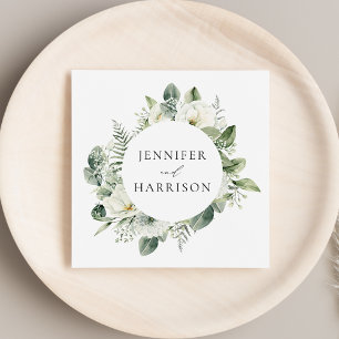 Weiße Blumen und Grün - Personalisierte Hochzeit Serviette