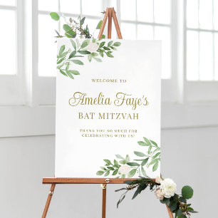 Weiße Blumen und Grün zur Begrüßung der Bat Mitzwa Poster