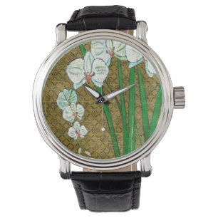 Weiße Blumen und grüne Stämme auf Brown-Grenze Armbanduhr