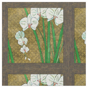 Weiße Blumen und grüne Stämme auf Brown-Grenze Stoff