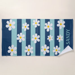weiße Blumen und marineblaue Streifen Monogramm Na Strandtuch