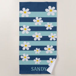 weiße Blumen und marineblaue Streifen Monogramm Na Strandtuch