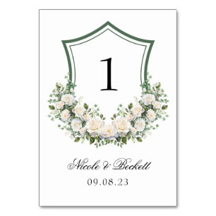 Weiße Blumen Wappen Hochzeit Tischnummer
