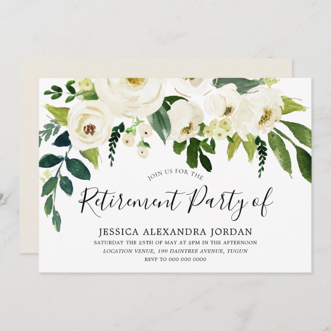 Weiße Blumencreme Schönes Party für die Ruhestätte Einladung (Vorne/Hinten)