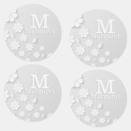 Weiße, blumengeprägte Namensinitialen personalisie Etiketten