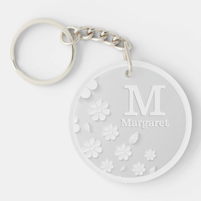 Weiße, blumengeprägte Namensinitialen personalisie Schlüsselanhänger (Vorderseite)