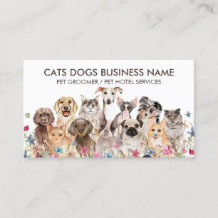 Weiße Blumengestaltung mit Katzen Hunden Visitenkarte