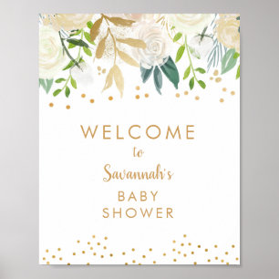 Weiße Blumengold-Babyshower-Willkommensschild Poster