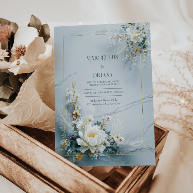 Weiße Blumengoldrahmen-Marmor-Textur-Hochzeit Einladung (Von Creator hochgeladen)