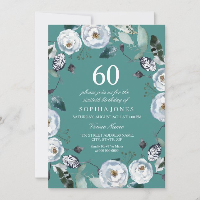Weiße Blumengrün 60. Geburtstag Einladung (Vorderseite)