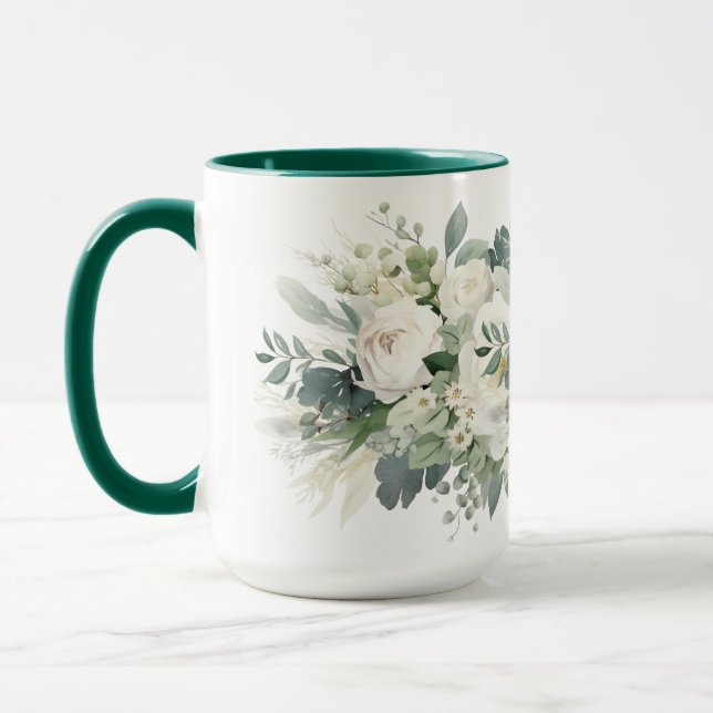 Weiße Blumengrün Botanische Wasserfarbe Tasse (Links)