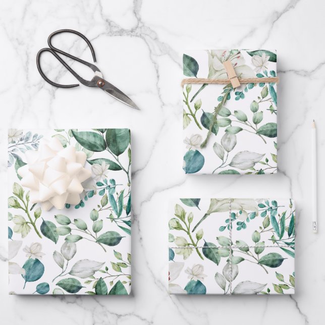 Weiße Blumengrün Brautparty Hochzeit Geschenkpapier Set (Vorderseite)