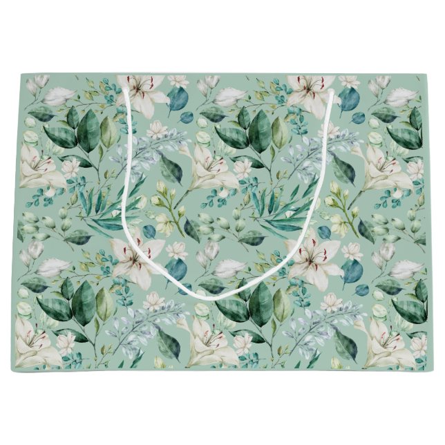 Weiße Blumengrün Brautparty Hochzeit Große Geschenktüte (Vorderseite)