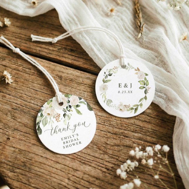 Weiße Blumengrün-Brautparty-Rundtischdekoration Geschenkanhänger (Bridal shower favor tags - white floral greenery thank you tags for bridal showers)