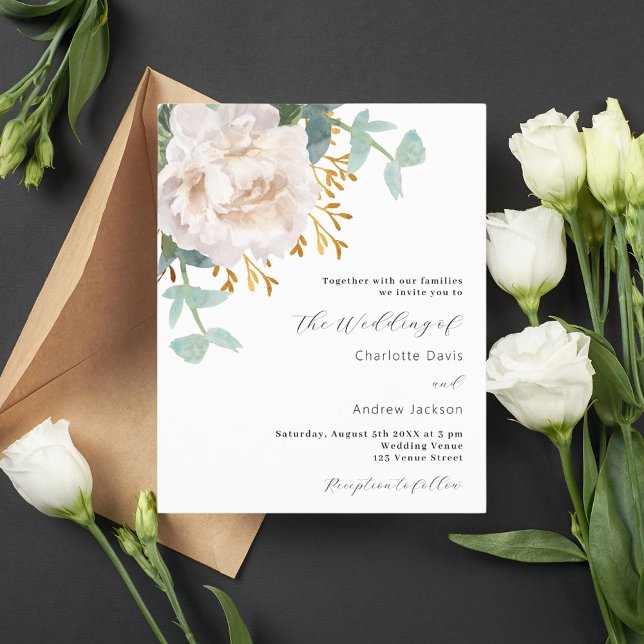 Weiße Blumengrün Budget Hochzeitseinladung (Von Creator hochgeladen)