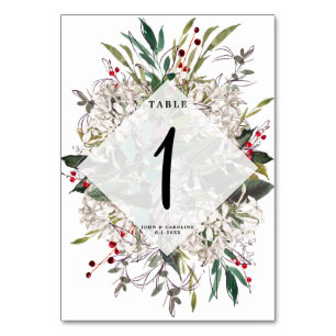Weiße Blumengrün der Hochzeitskarte Tischnummer