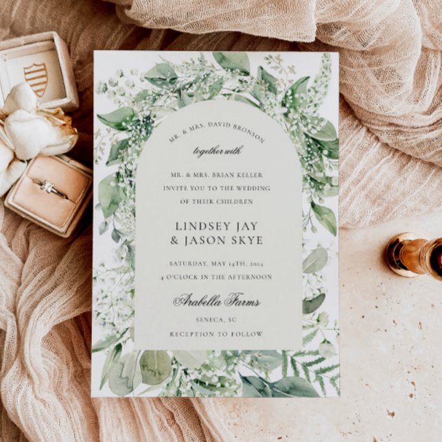 Weiße Blumengrün Foliage Boho Arch Wedding Einladung (Von Creator hochgeladen)