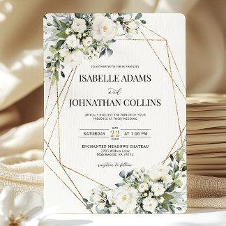 Weiße Blumengrün Geometrische Rahmen Hochzeit Gold Einladung