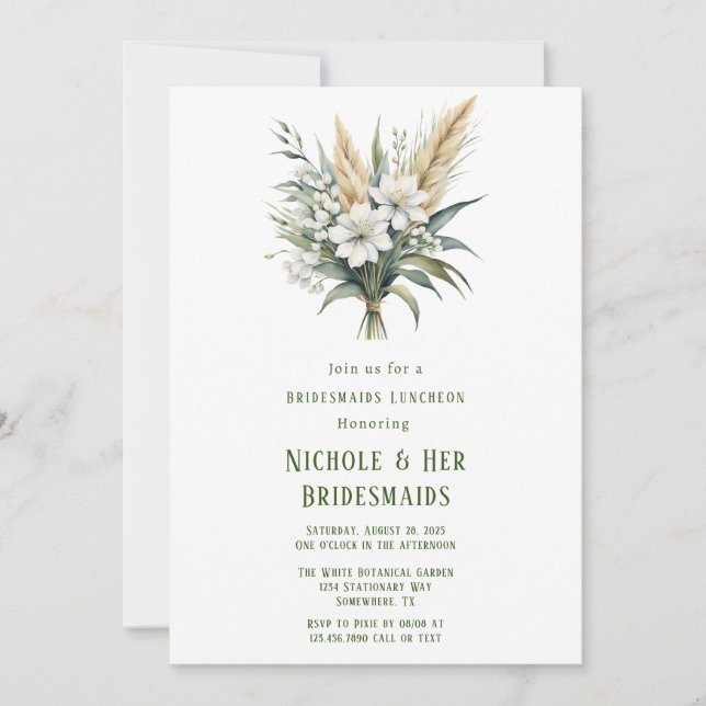 Weiße Blumengrün gestrichene Bridesmaids Luncheon Einladung (Vorderseite)