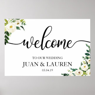 Weiße Blumengrün Hochzeit Begrüßungszeichen Plakat