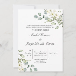 Weiße Blumengrün Hochzeit einladen in Spanisch Einladung
